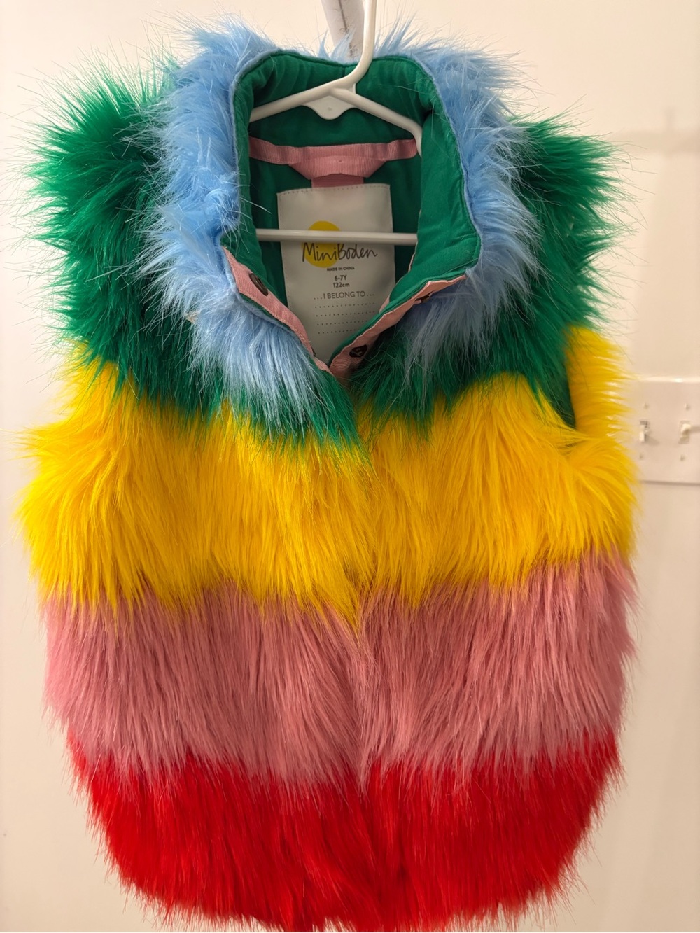 Mini Boden Kids Rainbow Faux-Fur Vest in Green, Blue, Yellow, Pink, Red
